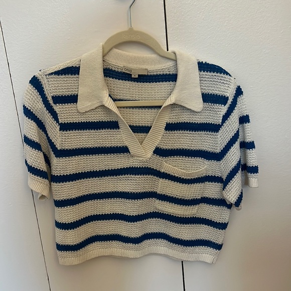Onia Striped Crochet Knit Linen Crop Polo Mykonos Blue - Picture 2 of 3